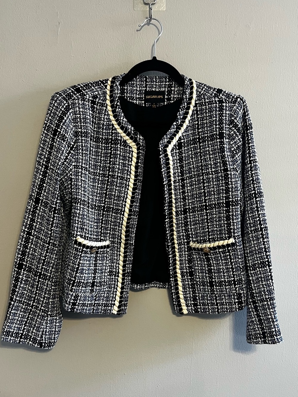 Sugarlips Open-Front Tweed Blazer in Black Blue & White Plaid